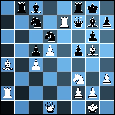The position after 25. Re7. After the possible 25... Ba6 Black could have a played on with a Knight and a Rook for the Queen but he considered that insufficient compensation and resigned